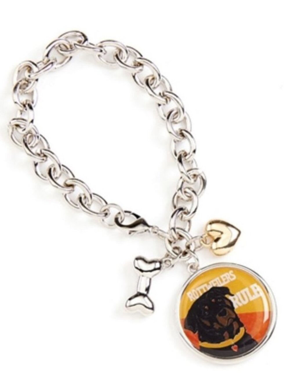 "Rottweilers Rule" Who's Your Doggy Charm Bracelet with Bone & Heart Charms